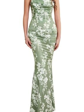 Sage Green Floral Maxi Dress with White Print